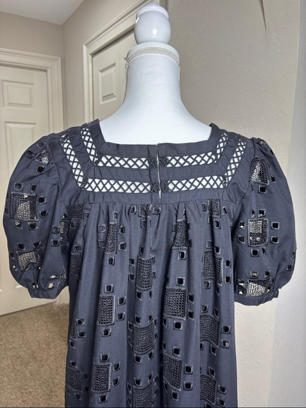 English Factory Black Geometric Eyelet Puff Sleeve Mini Dress Size M EUC - Picture 8 of 10